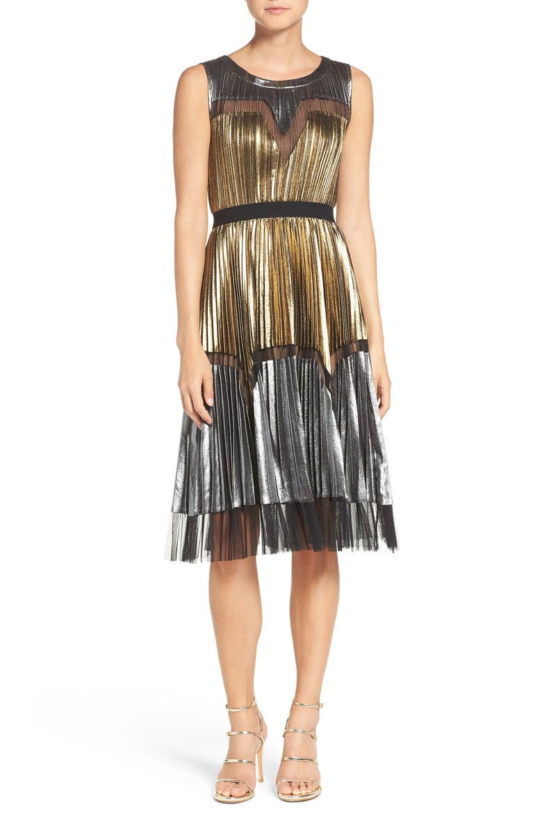 Lamé Midi Dress, Main, color, GOLD COMBO