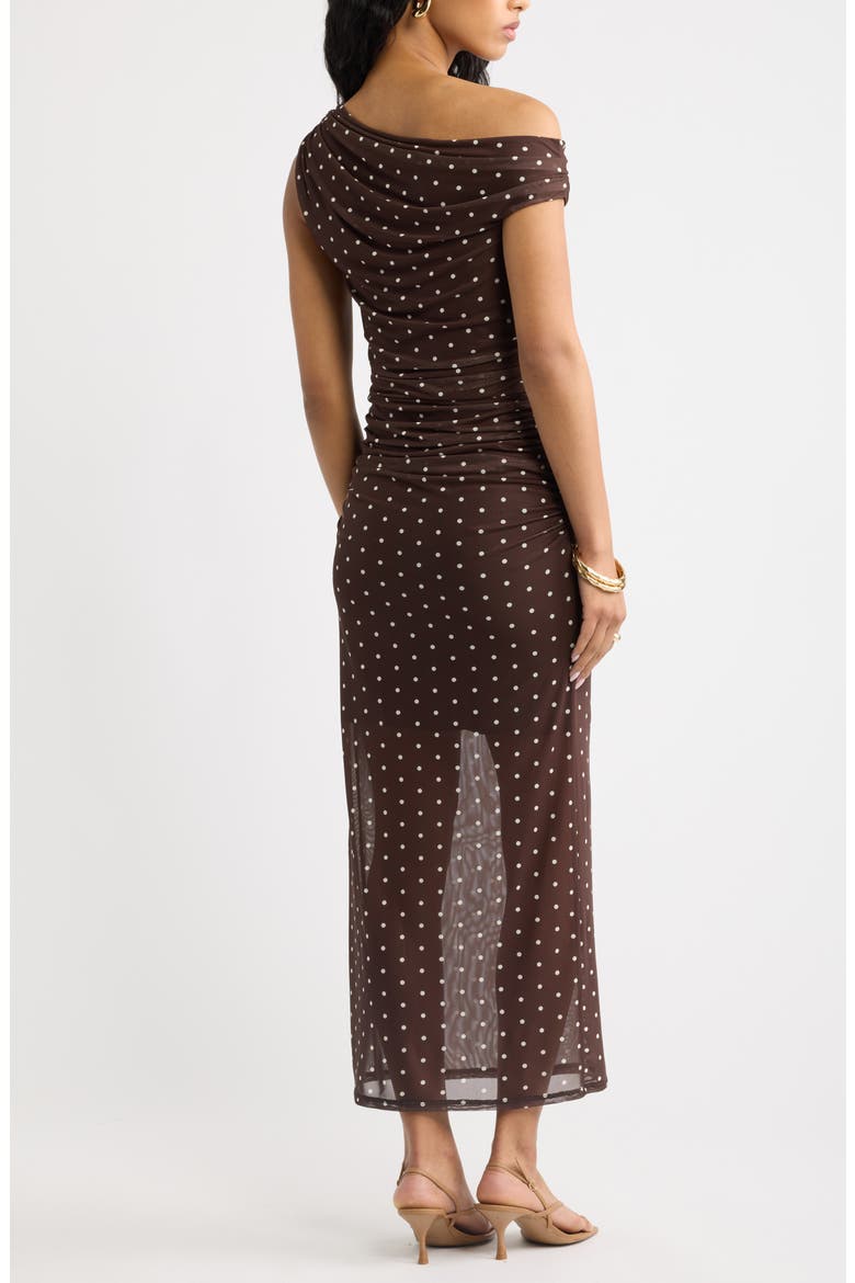 Off the Shoulder Mesh Midi Dress, Alternate, color, BROWN- IVORY CORNER DOT