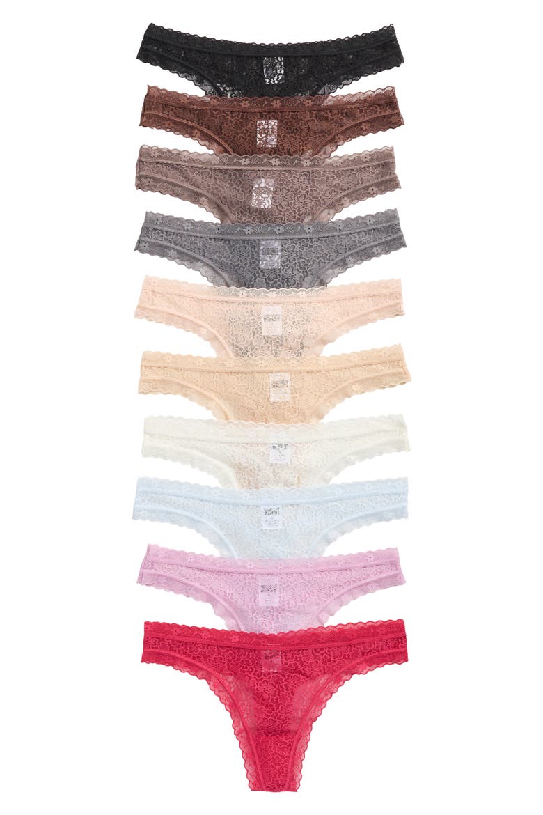 Assorted 10-Pack Lace Thongs, Main, color, BLACK GREY PURPLE MULTI