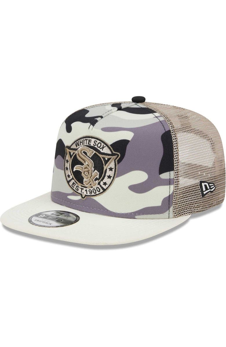 New Era Men's New Era White Chicago White Sox Chrome Camo A-Frame 9FIFTY Trucker Snapback Hat, Main, color, Cream