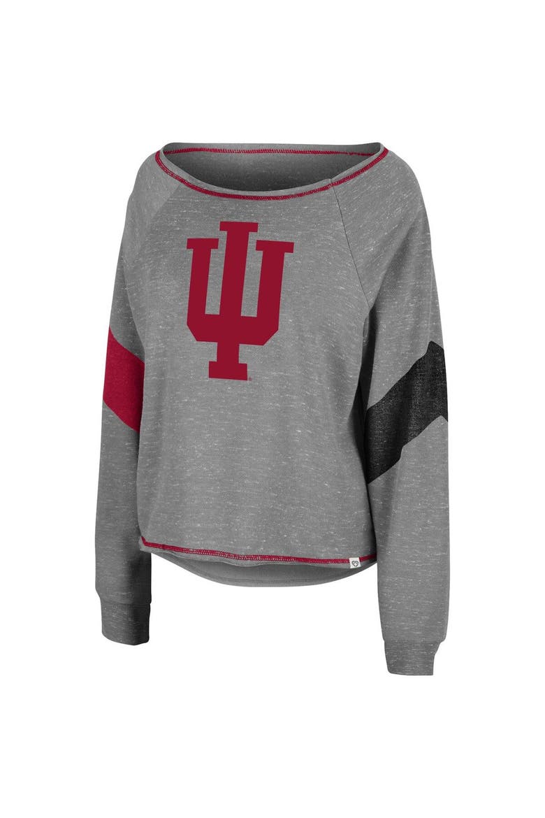 Women's Colosseum Heathered Gray Indiana Hoosiers Amped Chevron Stripe Raglan Boat Neck Pullover Sweatshirt, Alternate, color, Heather Gray