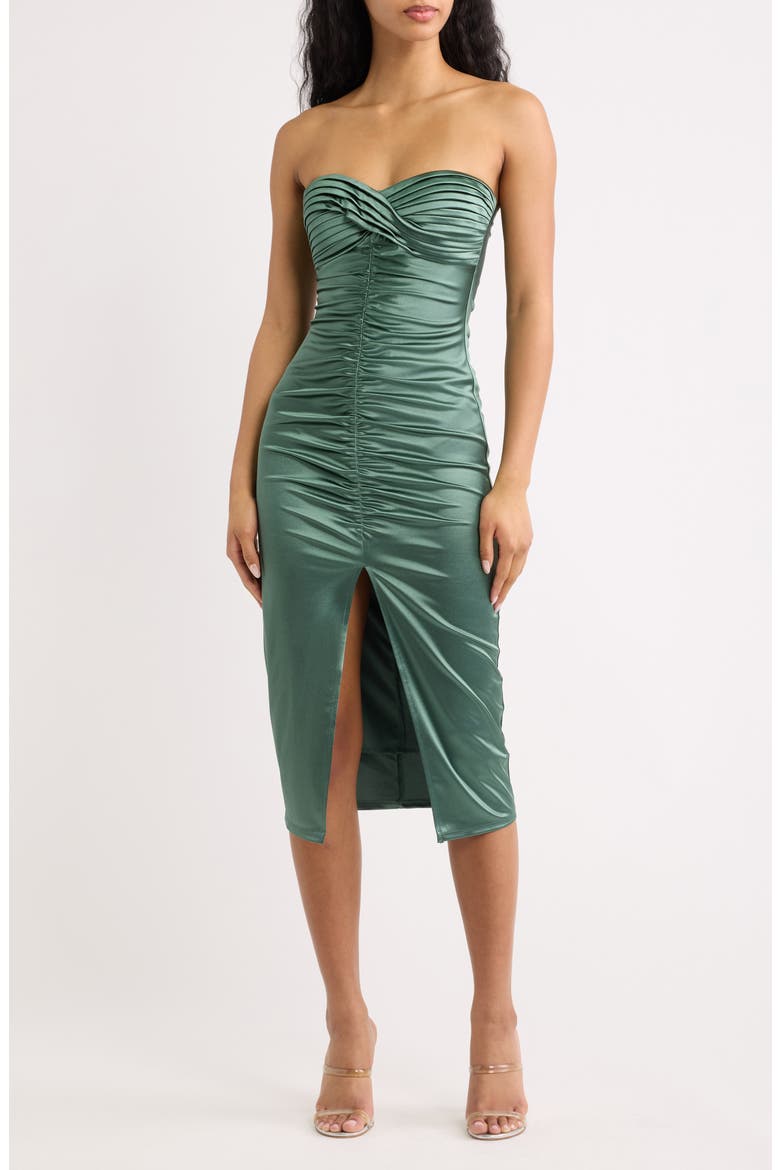 Strapless Ruched Midi Dress, Main, color, MOSS