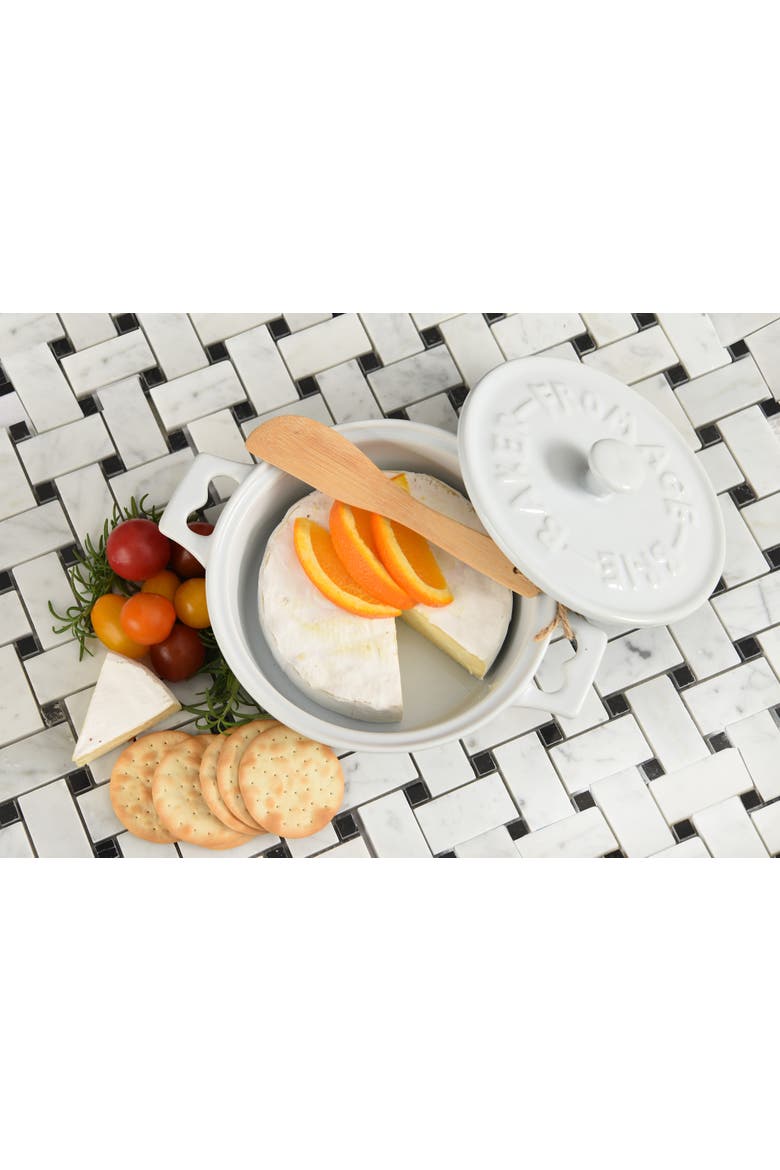 Round Lidded Stoneware Brie Bakers with Wood Spreaders, Alternate, color, Grey