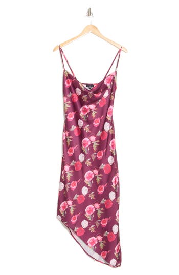 Area Stars Bouquet Asymmetric Satin Slipdress In Burgundy