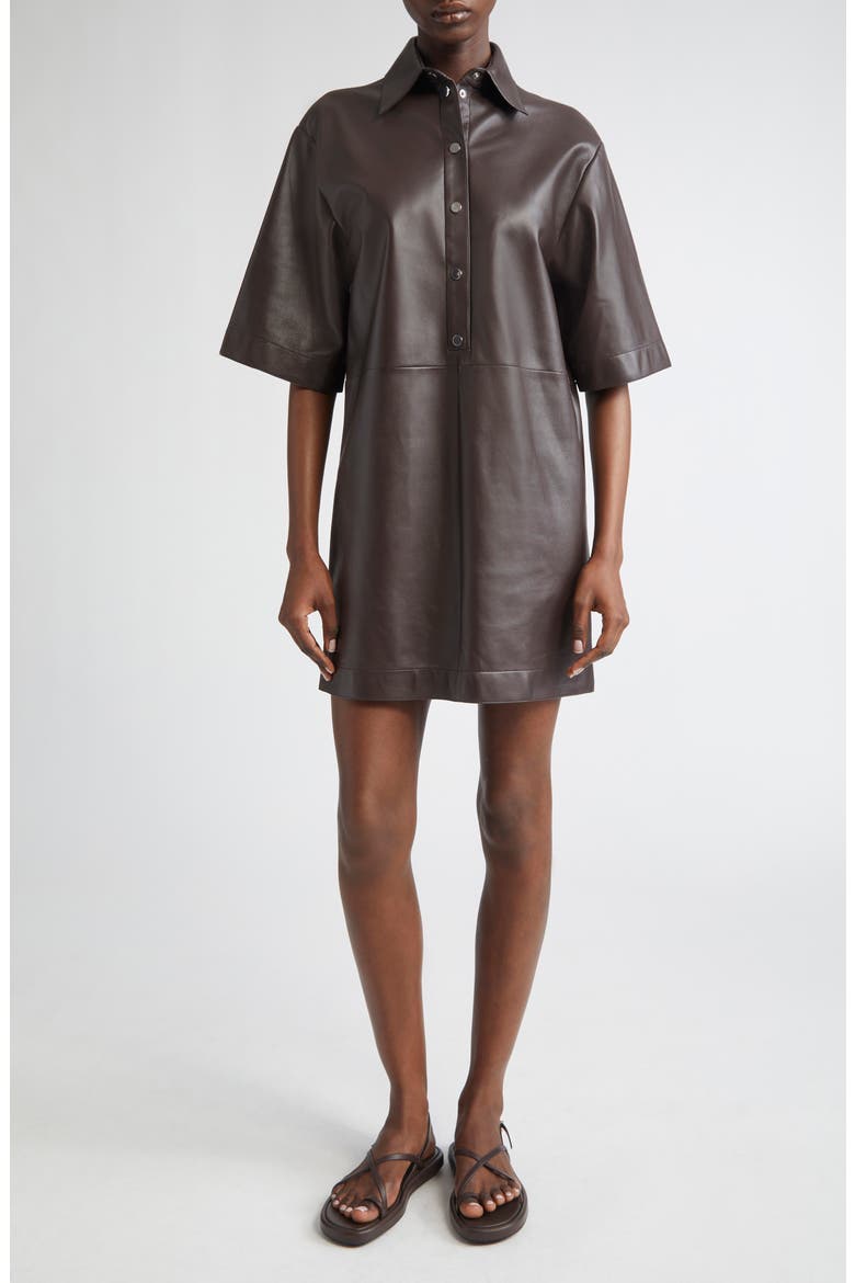 Elbow Sleeve Lambskin Leather Shirtdress, Main, color, CHOCOLATE