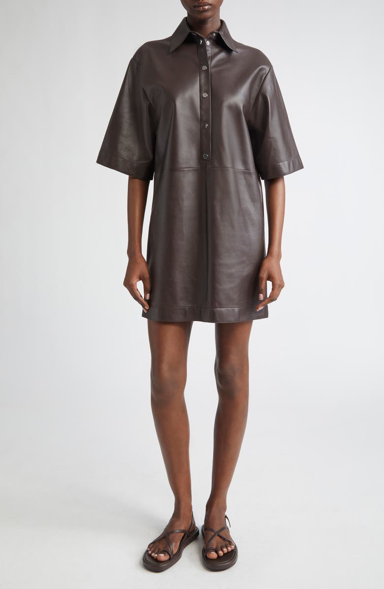 Michael Kors Collection Elbow Sleeve Lambskin Leather Shirtdress, Main, color, Chocolate