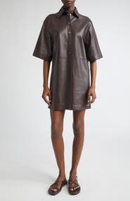Michael Kors Collection Elbow Sleeve Lambskin Leather Shirtdress