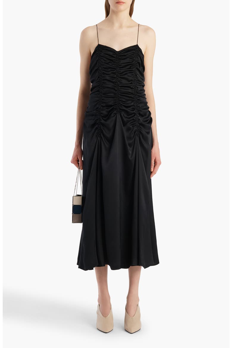 Raina Ruched Silk Midi Slipdress, Main, color, BLACK