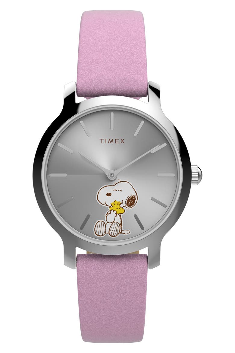 x Peanuts® Transcend Snoopy Hug Leather Strap Watch, 31mm, Main, color, SILVER-TONE