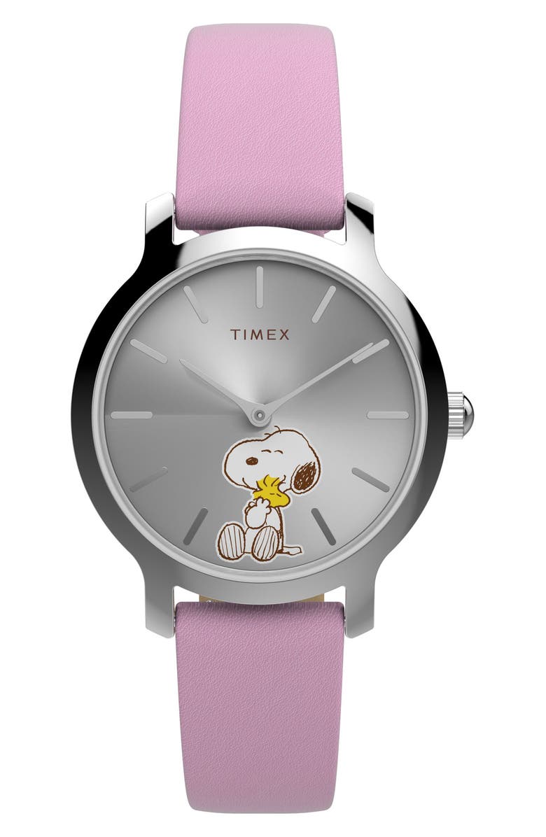 Timex<sup>®</sup> x Peanuts<sup>®</sup> Transcend Snoopy Hug Leather Strap Watch, 31mm, Main, color, Silver-Tone