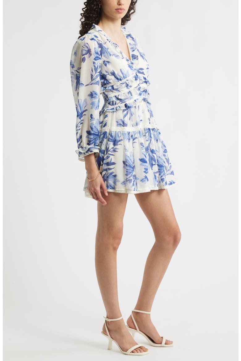 Long Sleeve Ruffle Trim Minidress, Alternate, color, IVORY - BLUE ADELINE FLORAL