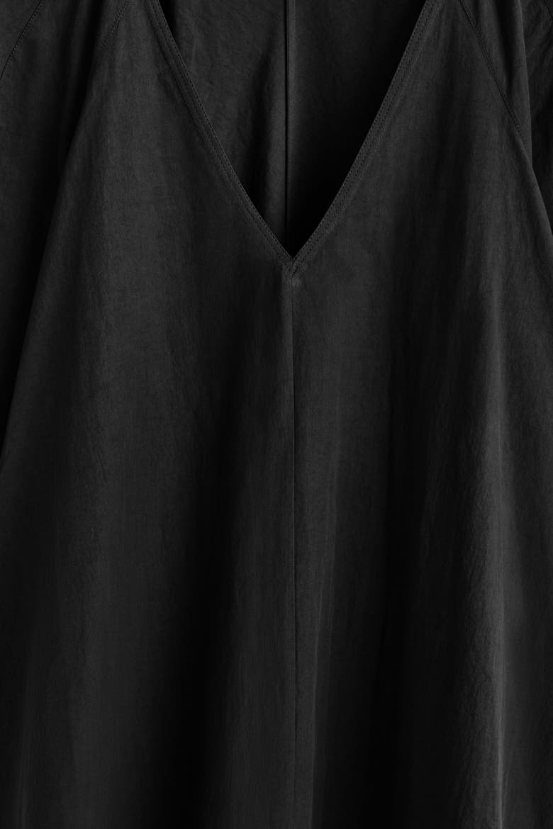 Rounded V-Neck Cotton Midi Dress, Alternate, color, BLACK
