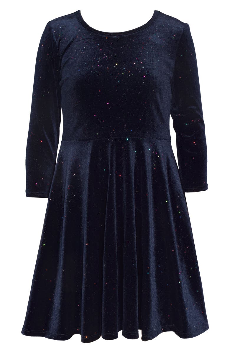 Bonnie Jean Kids' Long Sleeve Sparkle Velvet Skater Dress, Main, color, Navy