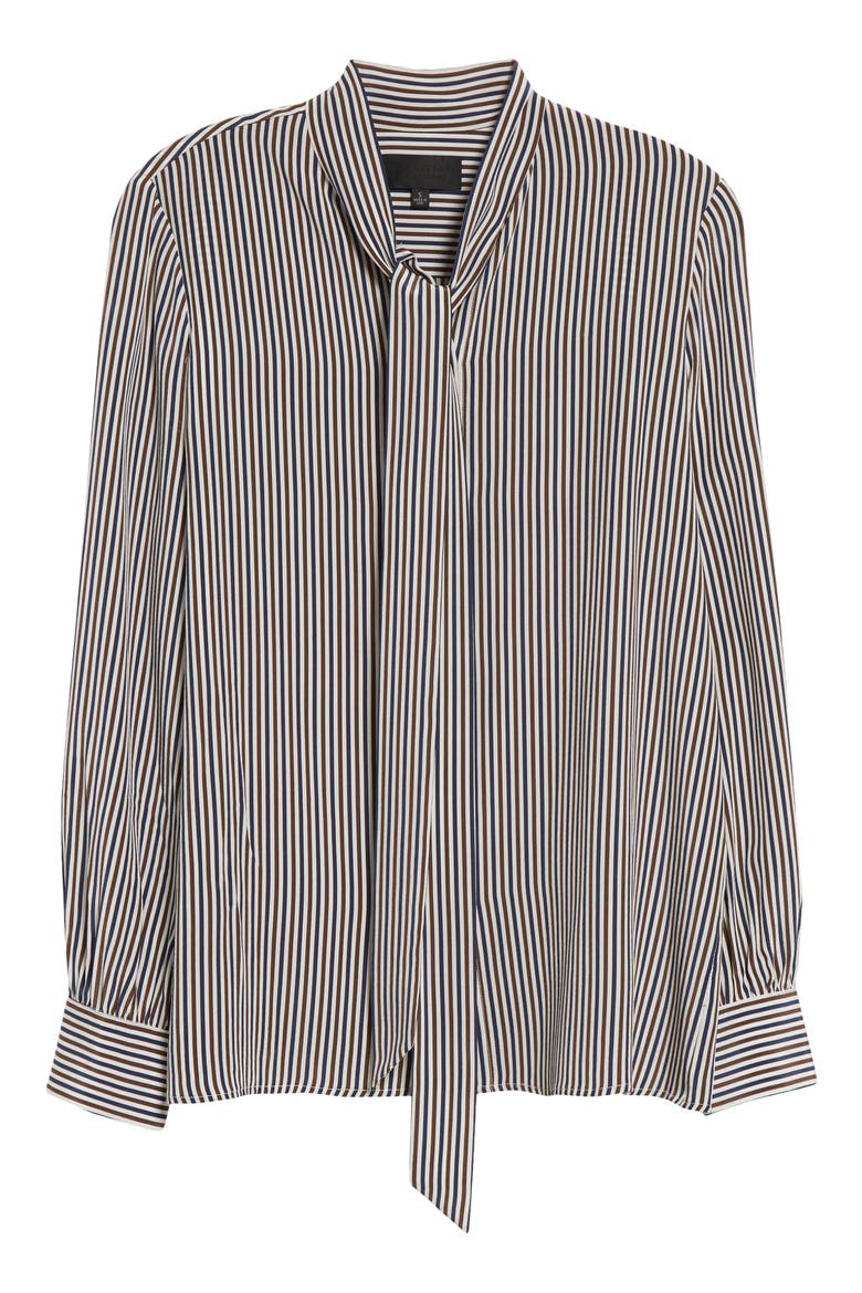 Irina Stripe Tie Neck Silk Button-Up Shirt, Alternate, color, IVY/ BROWN/ NAVY STRIPE