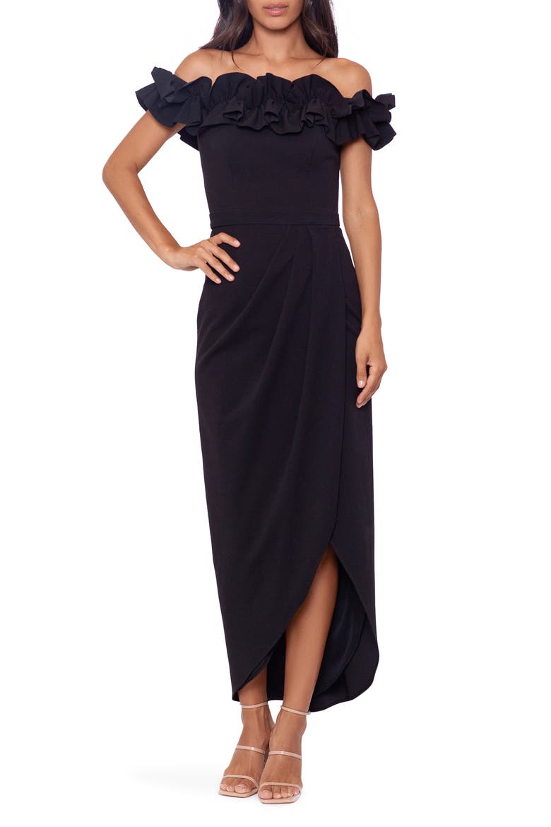 Ruffle Off the Shoulder Scuba Crepe Midi Dress, Main, color, BLACK