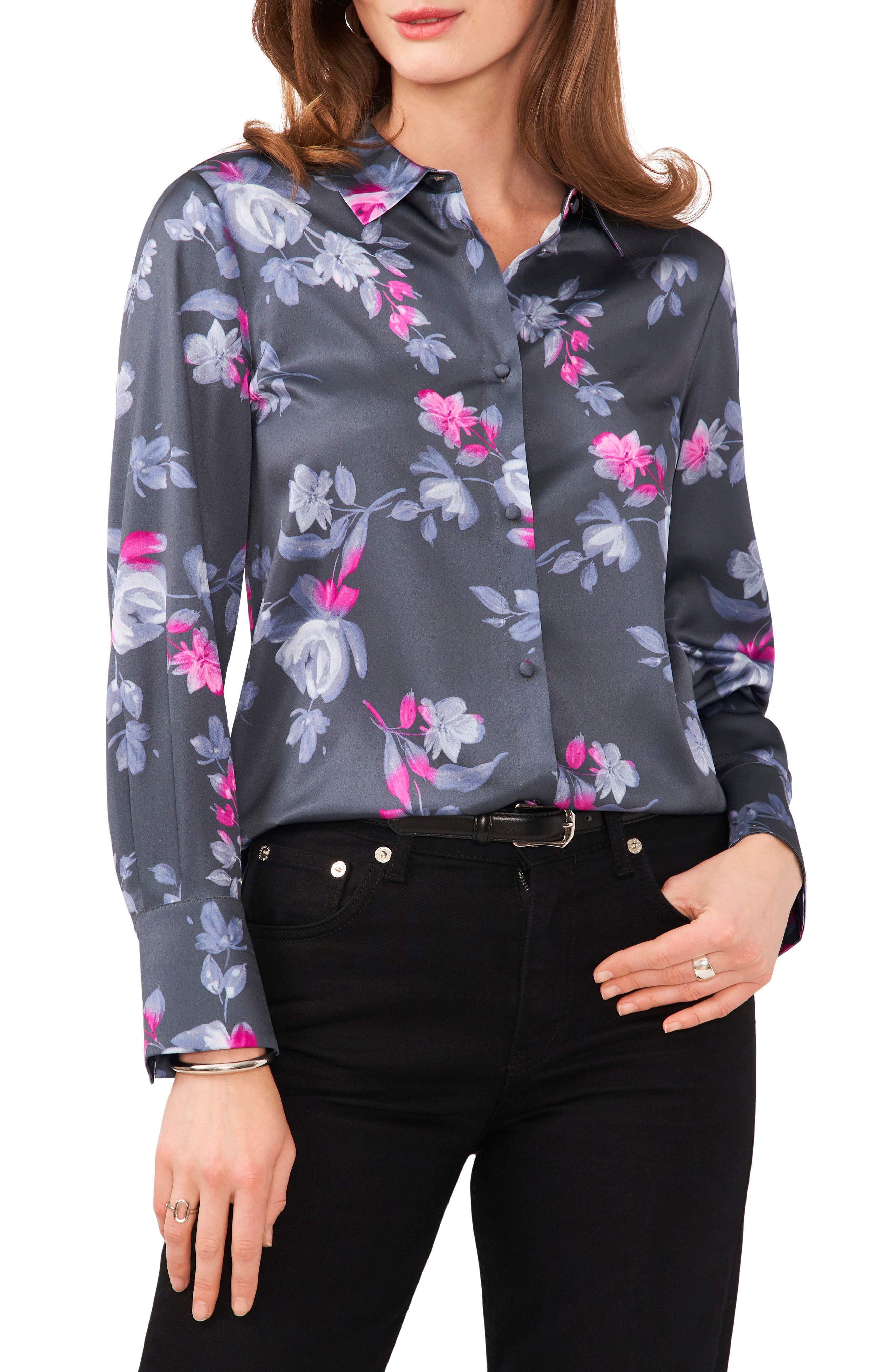 Vince Camuto Floral Charmeuse Button-Up Shirt