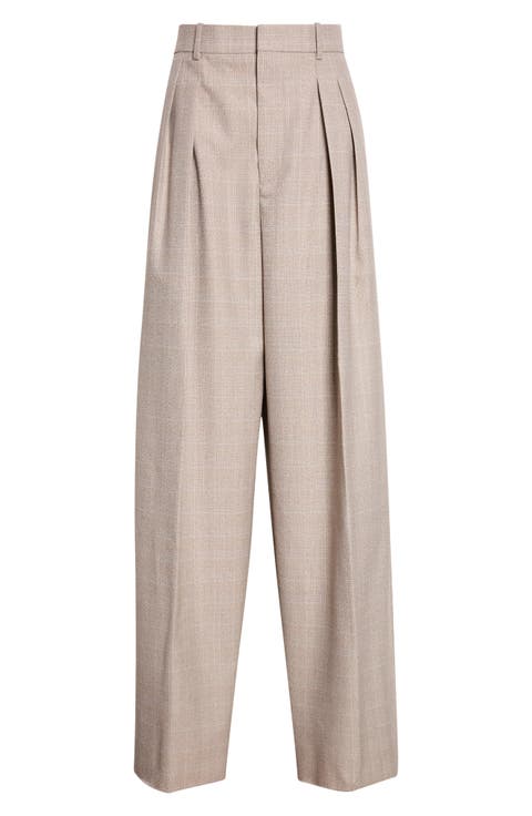 Prince of Wales Wool Wide Leg Trousers