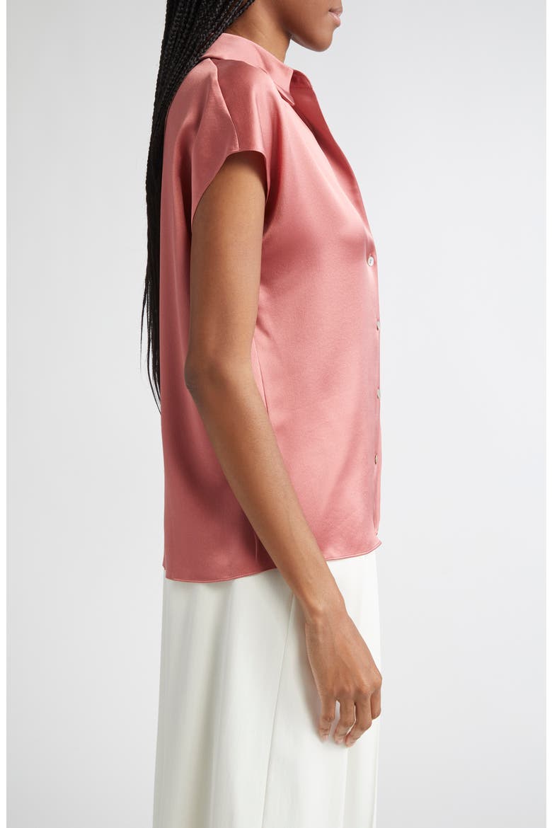 Cap Sleeve Gathered Back Short Sleeve Silk Button-Up Shirt, Alternate, color, PEONY WOOD