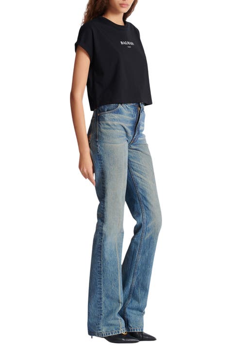 Cropped T-Shirt with Balmain Print