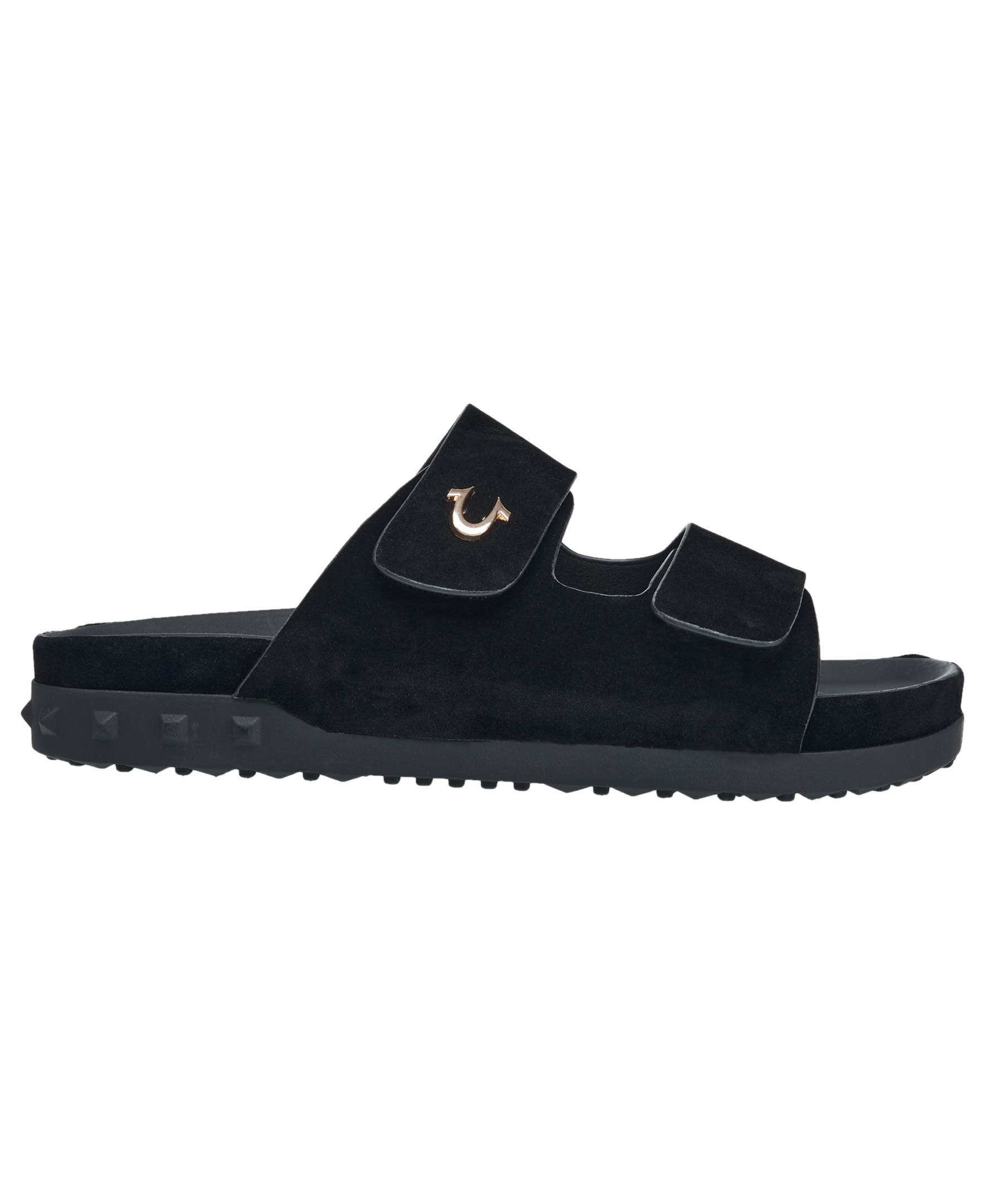 True Religion Sean Double Strap Metal Logo Sandal, Alternate, color, Black