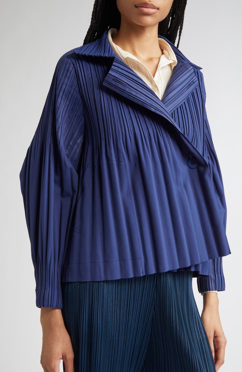 Pleats Please Issey Miyake Smooth Pleated Coat, Alternate, color, Navy