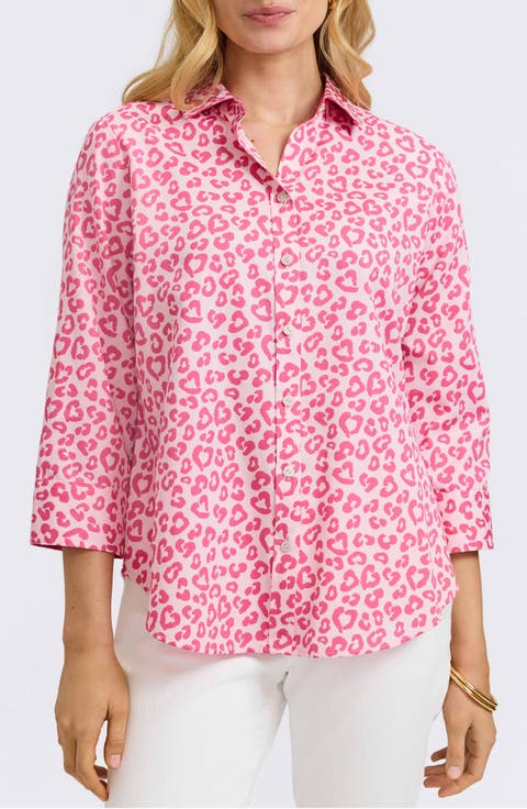 Margie Leopard Print Three-Quarter Sleeve Cotton Button-Up Shirt