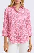 Foxcroft Margie Leopard Print Three-Quarter Sleeve Cotton Button-Up Shirt