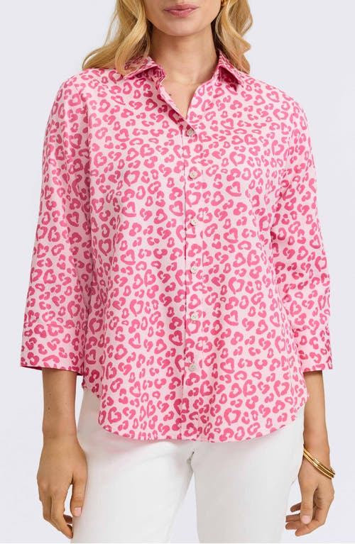 Foxcroft Margie Leopard Print Three-quarter Sleeve Cotton Button-up Shirt In Pink Flambe Multi