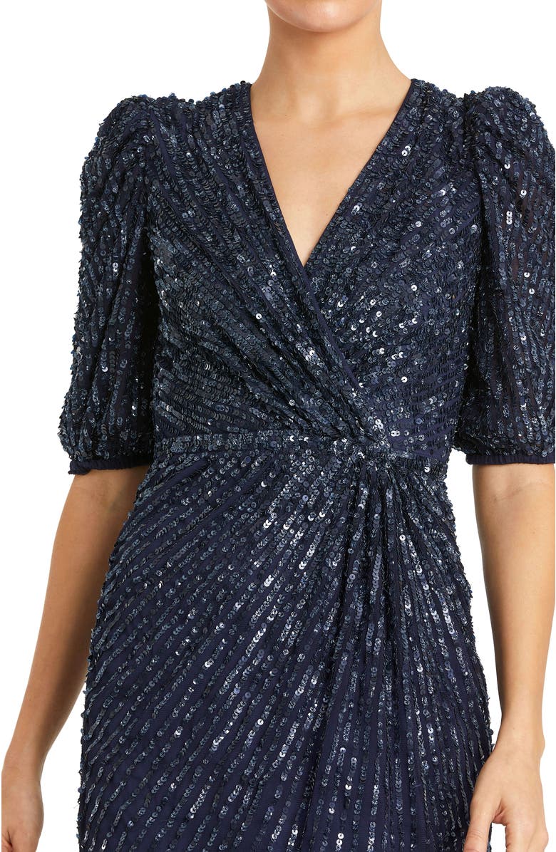 Mac Duggal Sequined V-Neck Short Puff Sleeve Midi Dress, Alternate, color, Midnight