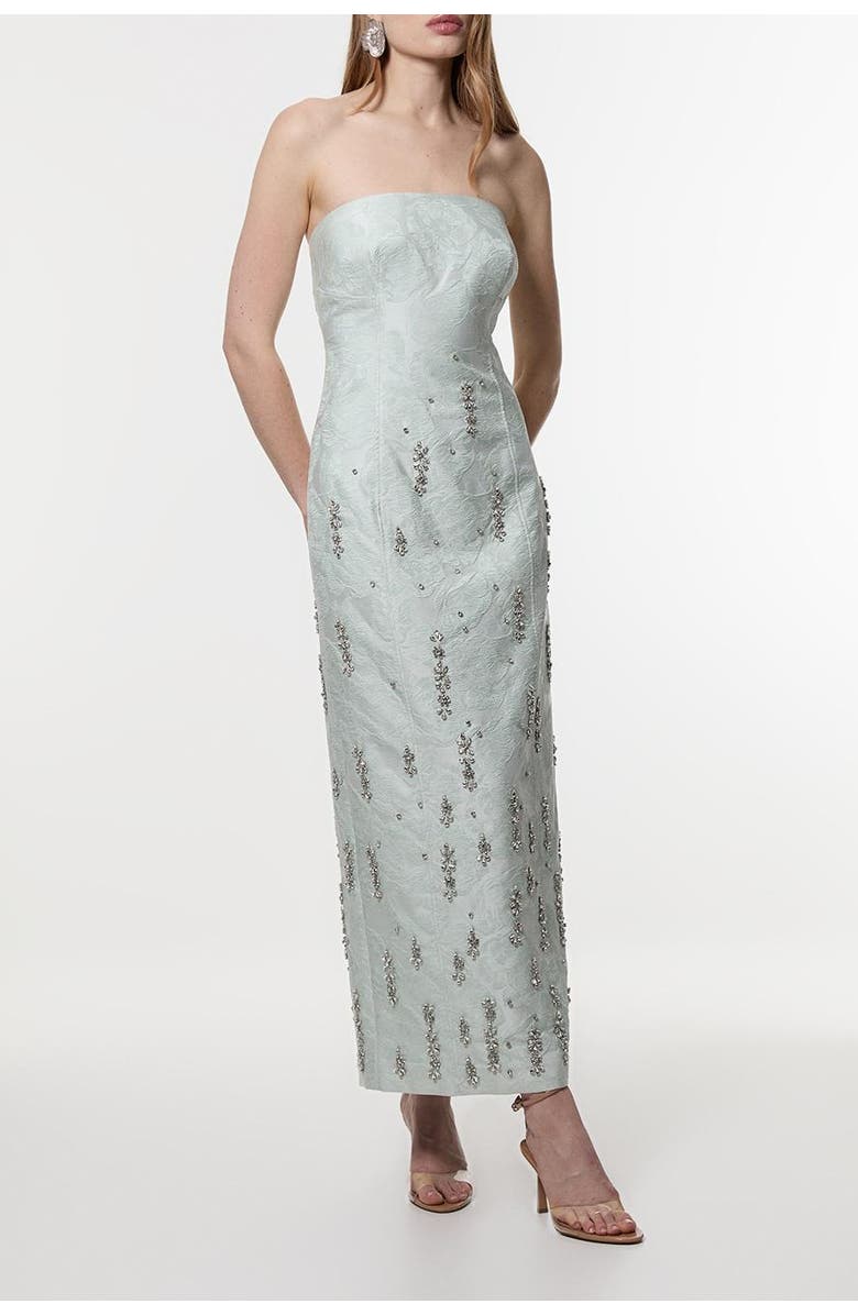 Karen Millen Crystal Embellished Strapless Midi Dress, Alternate, color, Sage