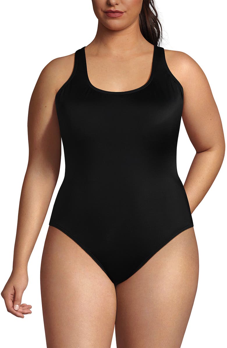 Lands' End Chlorine Resistant Scoop Neck X-Back High Leg Soft Cup Tugless Sporty One Piece Swimsuit, Alternate, color, Black