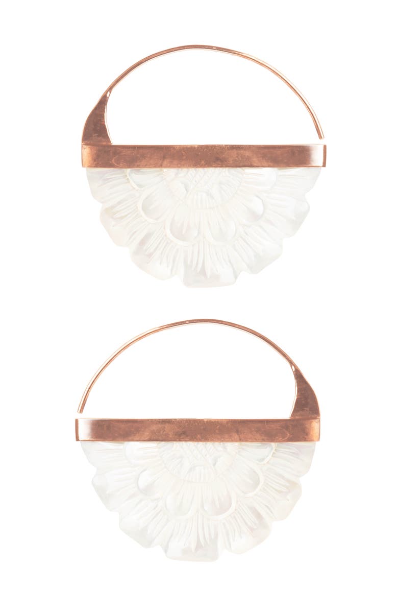 Freya Rose Hand Carved Mother of Pearl Rose Hoop Earrings, Main, color, Gold