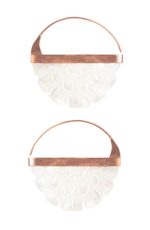Hand Carved Mother of Pearl Rose Hoop Earrings