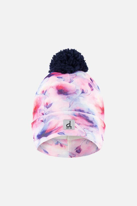 Winter Floral Fleece-Lined Pompom Knit Hat