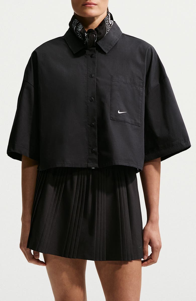 Nike Sportswear Chill Cotton Poplin Oversize Button-Up Shirt, Main, color, Black/ Summit White