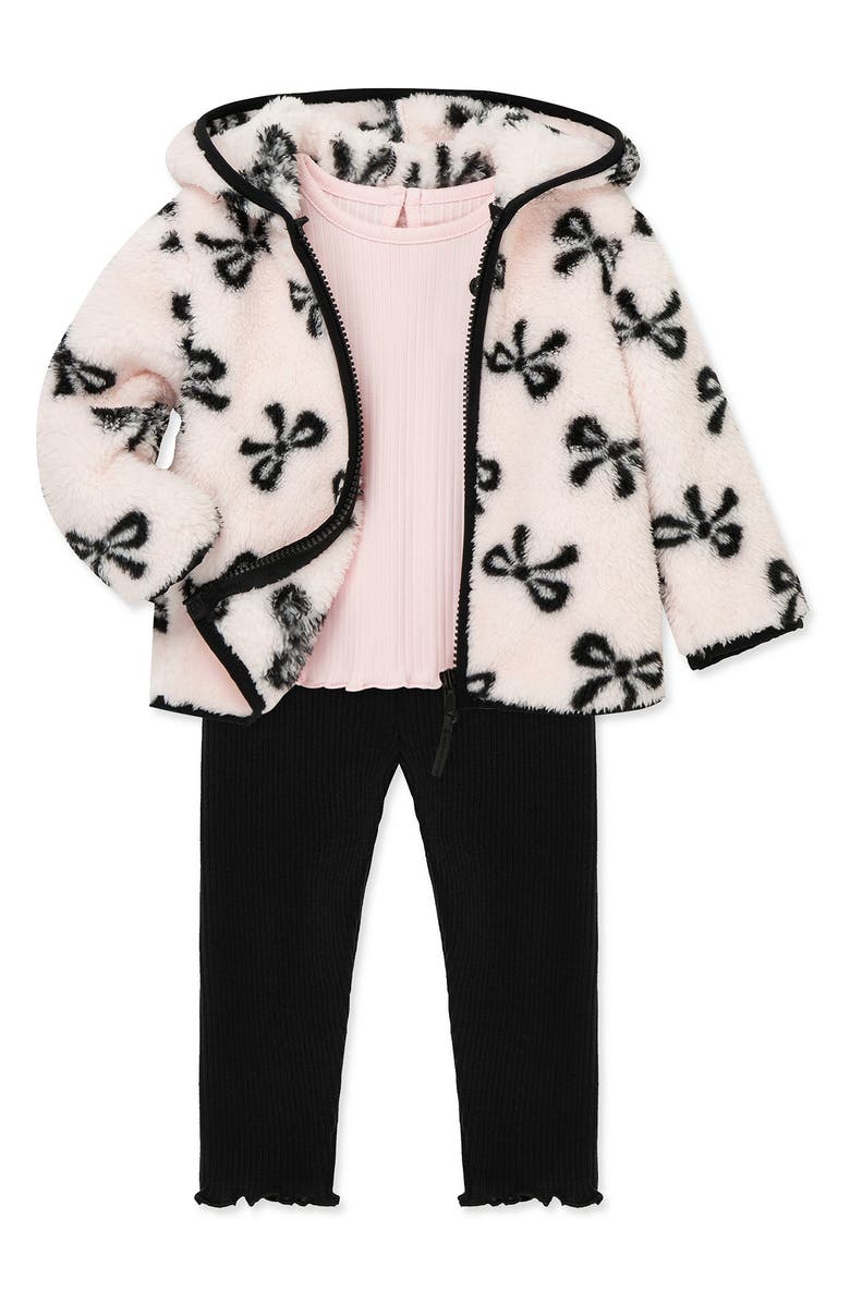 Little Me Bow Faux Shearling Jacket, T-Shirt & Pants Set, Alternate, color, Pink