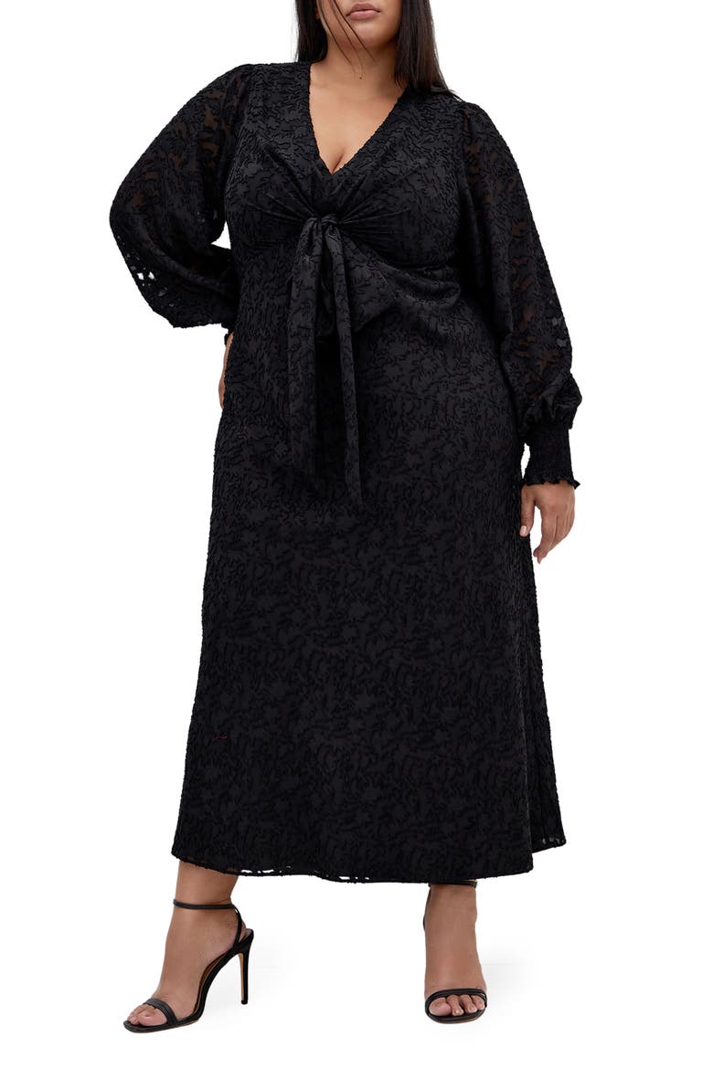 Marci Textured Print Long Sleeve Maxi Dress, Main, color, BLACK