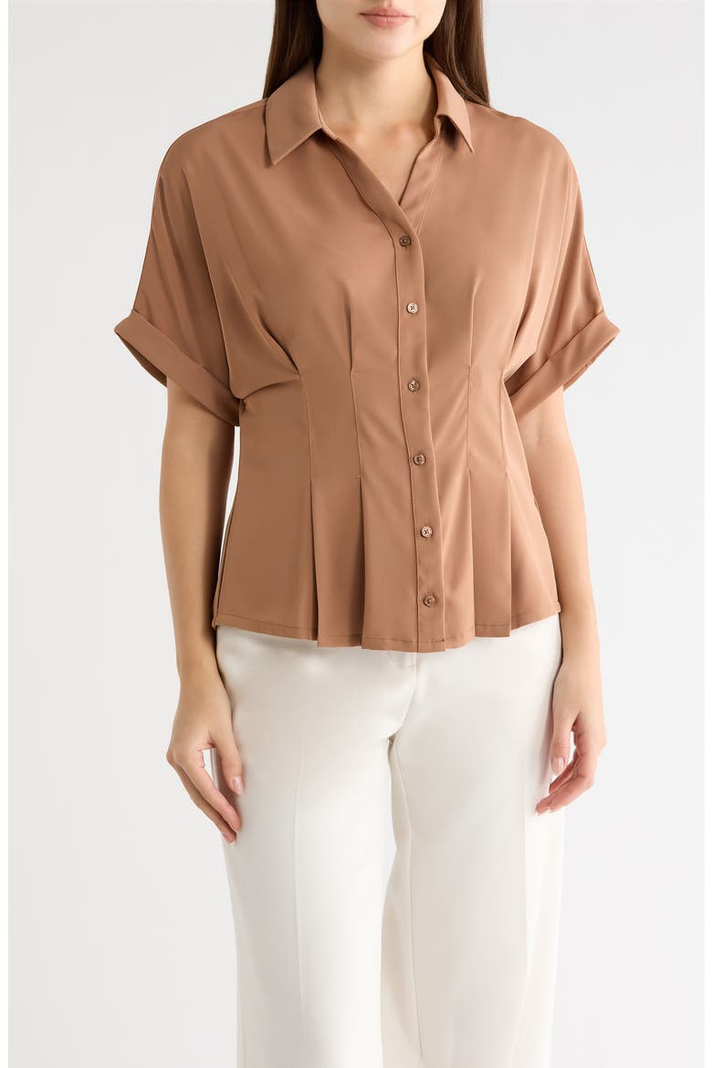 Pleated Waist Short Sleeve Button-Up Shirt, Main, color, MINK