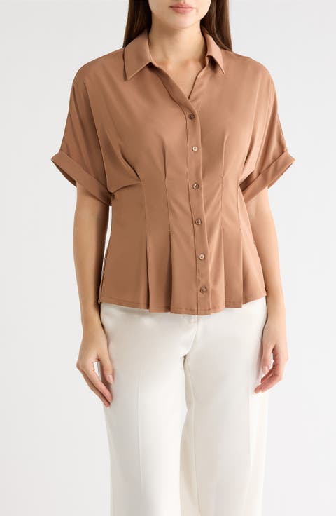 Pleated Waist Short Sleeve Button-Up Shirt