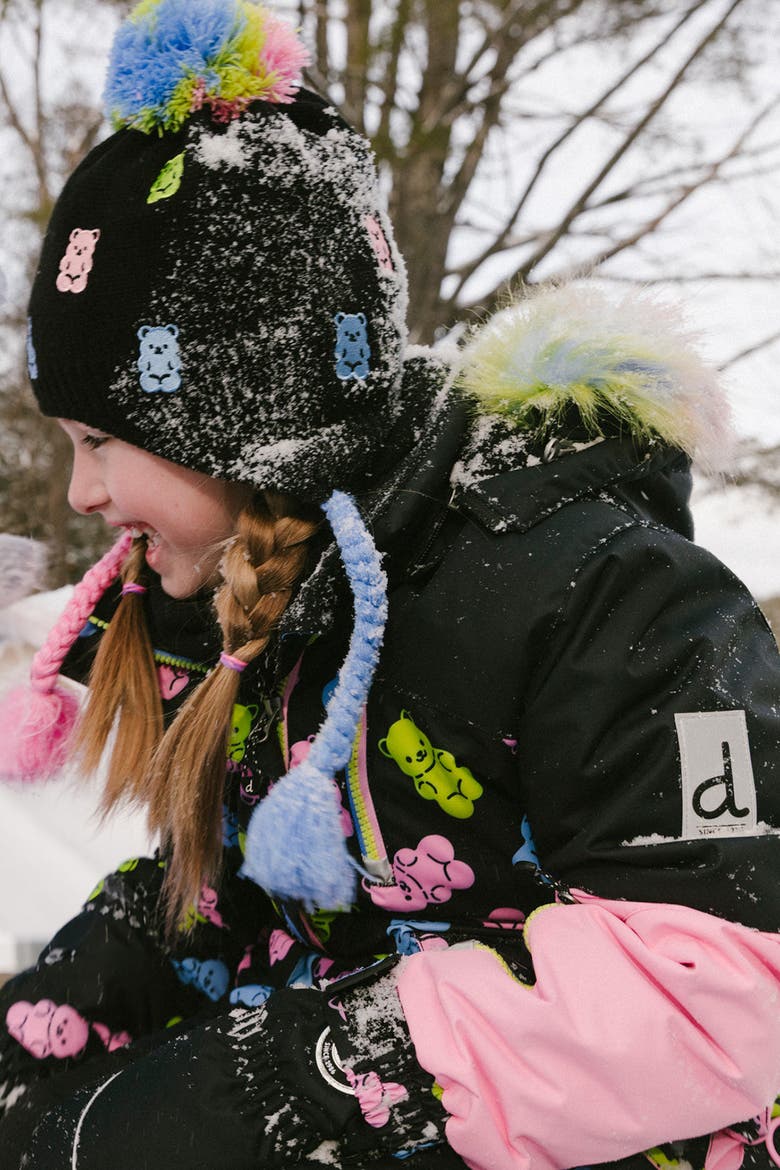 Winter Peruvian Gummy Bear Fleece-Lined Pompom Knit Hat, Alternate, color, Black, Pink, Blue and Green