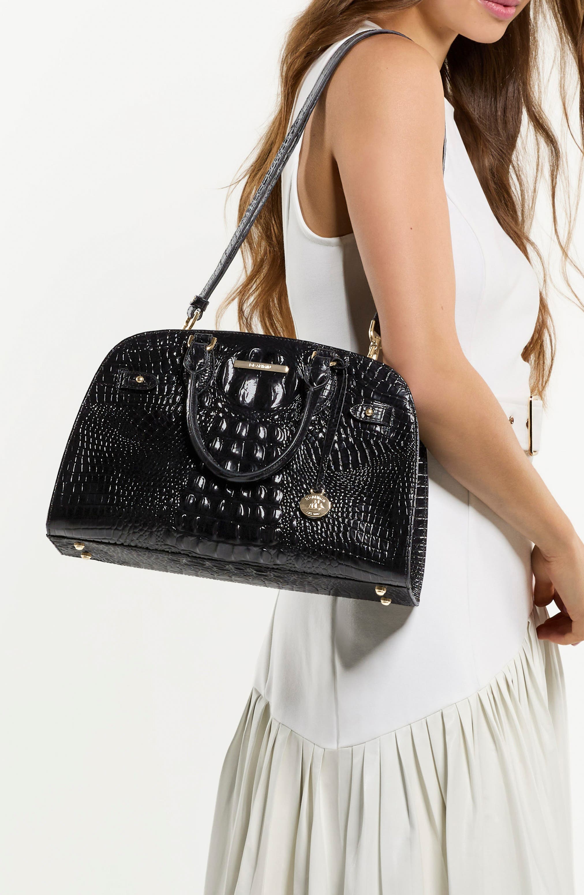 Angelina Croc Embossed Leather Shoulder Bag, Alternate, color, JUNGLE JEWEL