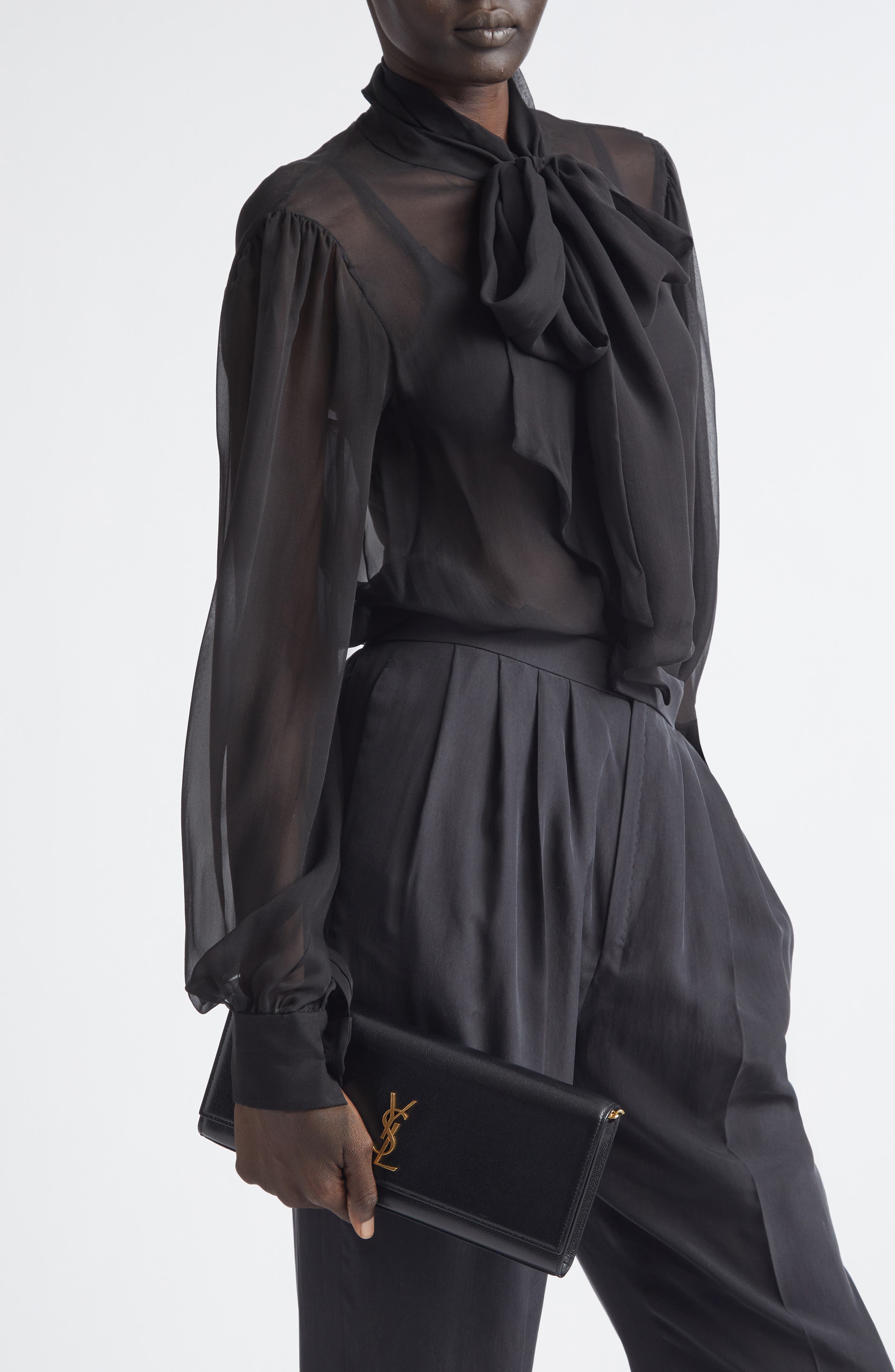 Saint Laurent Kate Leather Clutch on a Chain, Alternate, color, Noir