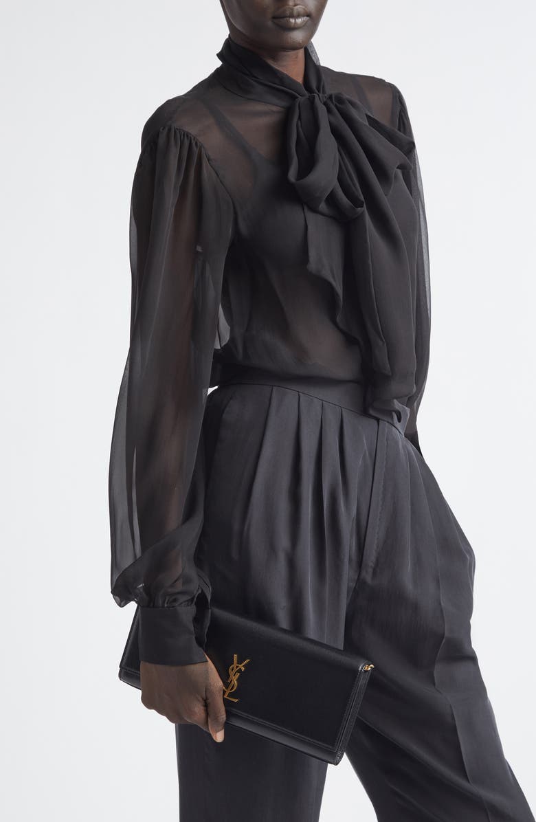 Saint Laurent Kate Leather Clutch on a Chain, Alternate, color, Noir