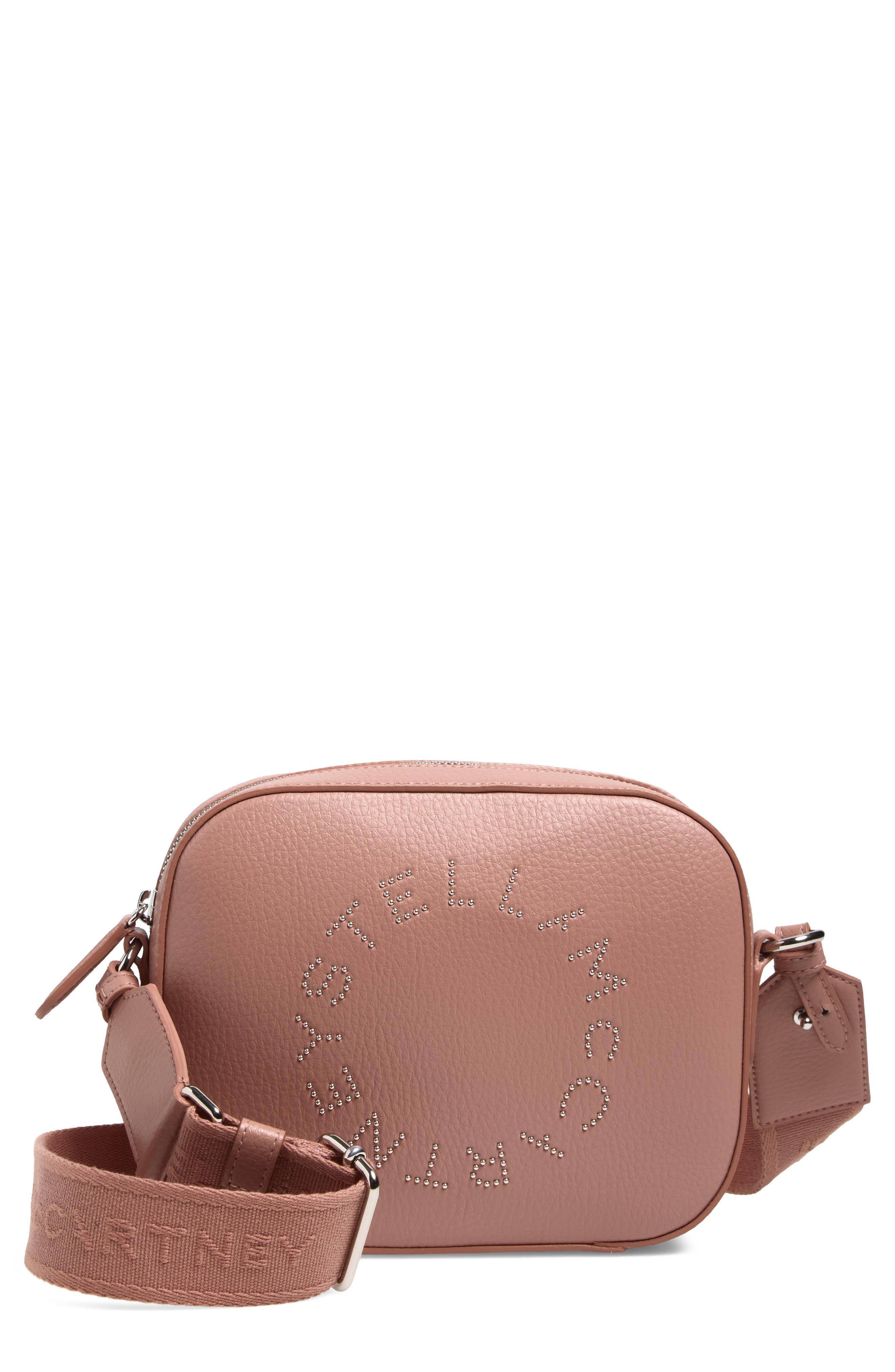 Stella McCartney Small Stud Logo Faux Leather Camera Bag, Main, color, Tawny Rose