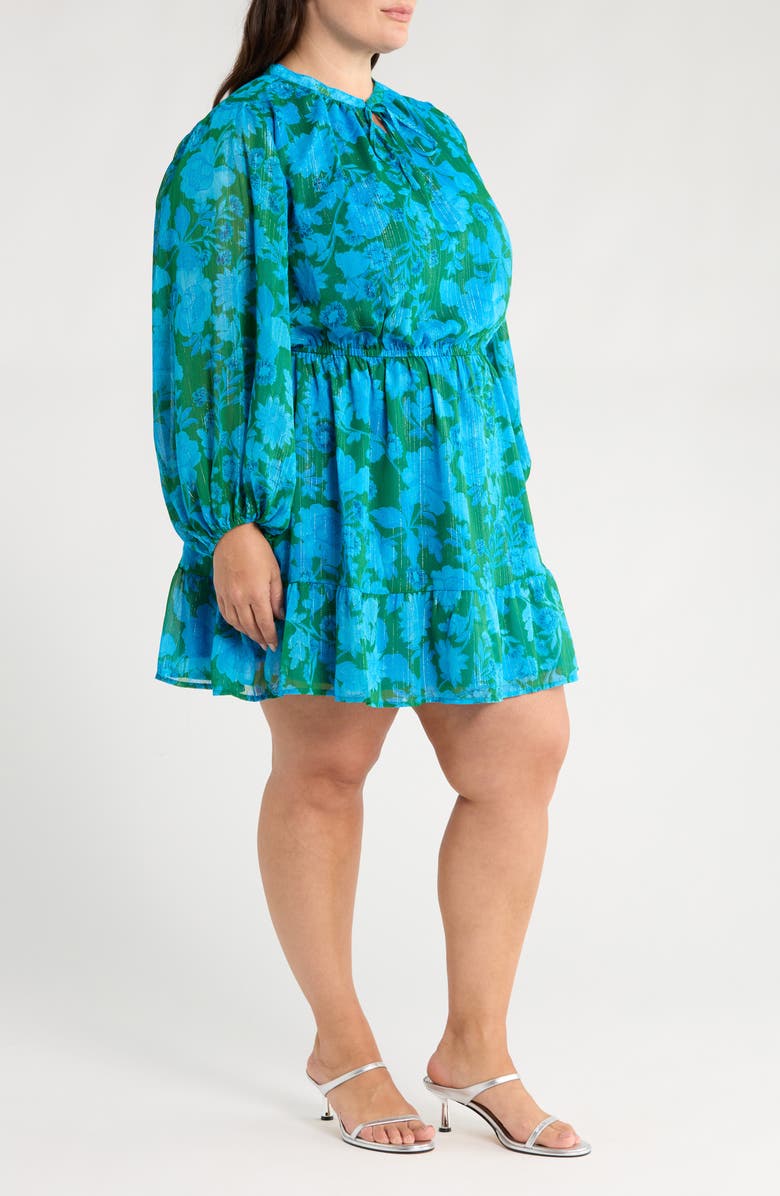 SUGARLIPS Amren Floral Long Sleeve Metallic Georgette Minidress, Alternate, color, Cerulean Blue/ Green