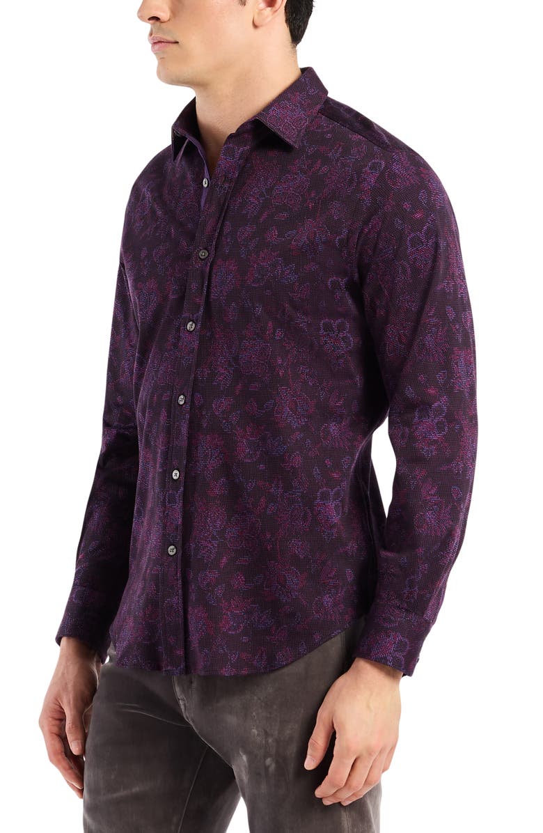 Robert Graham Hoyt Floral Cotton Knit Button-Up Shirt, Alternate, color, Berry