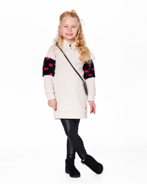 Deux Par Deux Hooded Glittering French Terry Dress With Heart Bag In Neutral