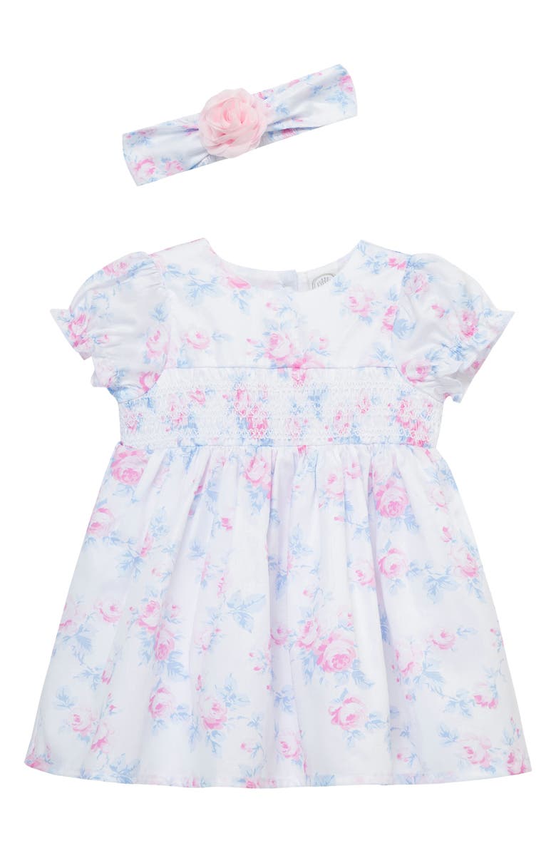 Little Me Roses Smocked Puff Sleeve Party Dress, Bloomers & Headband Set, Alternate, color, Rose