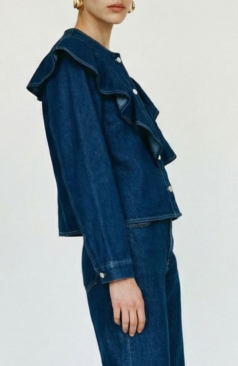 VERO MODA Fia Ruffle Placket Denim Button-Up Shirt, Alternate, color, Medium Blue Denim