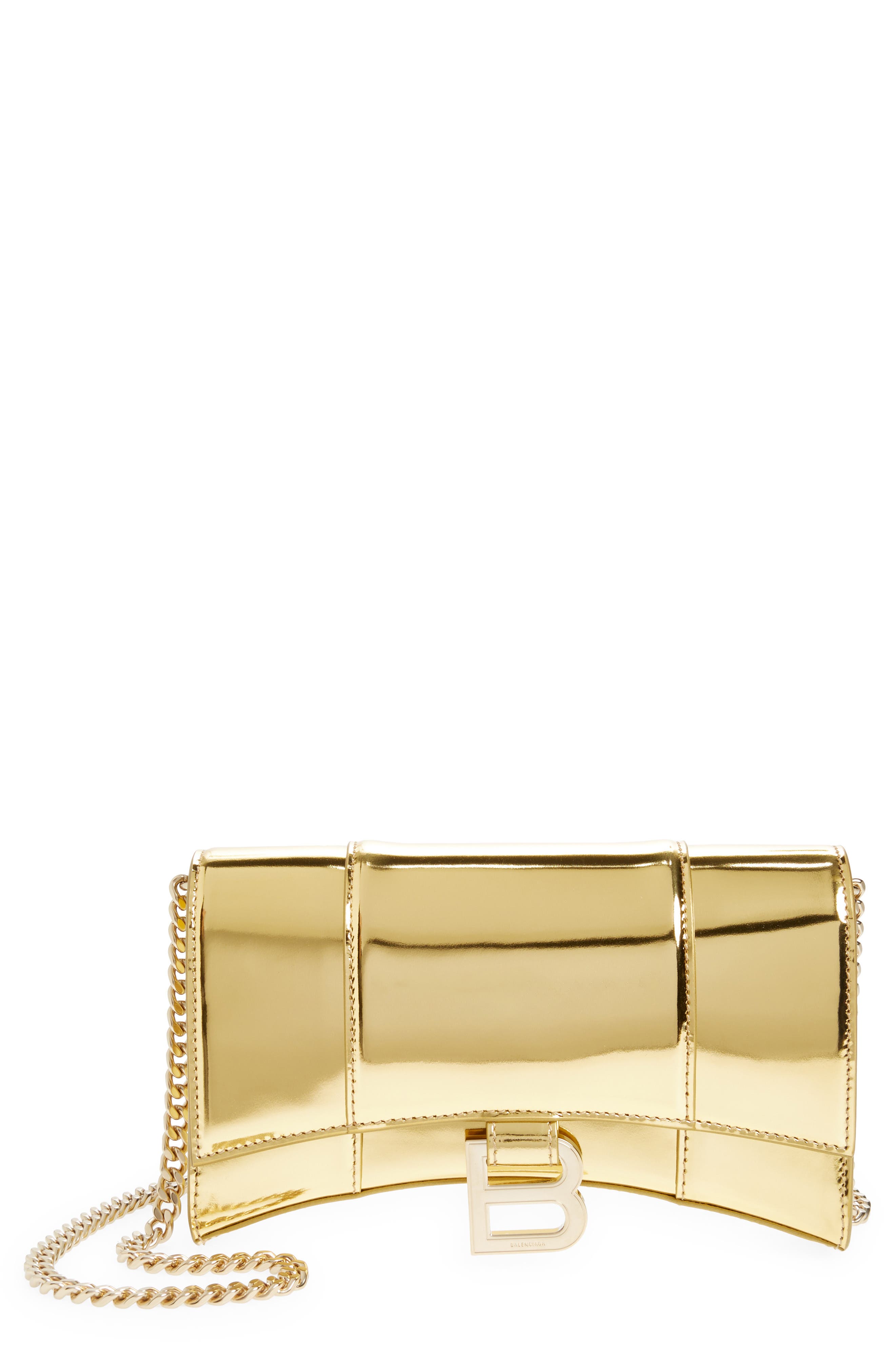 Hourglass Metallic Leather Wallet on a Chain, Main, color, GOLD
